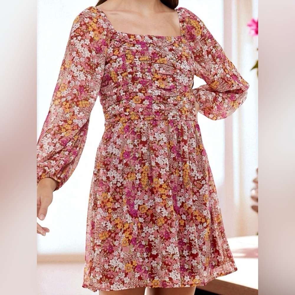 Crystal Doll Multicolor Floral Long Sleeve Dress